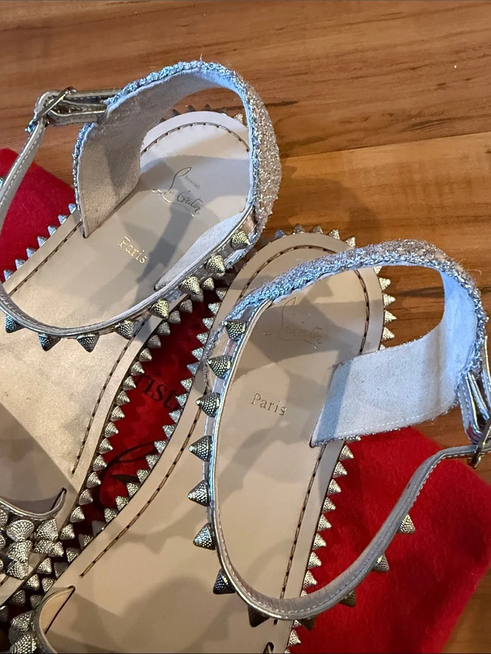 Christian Louboutin Silver Studded Leather Ankle-Strap Sandals size 40